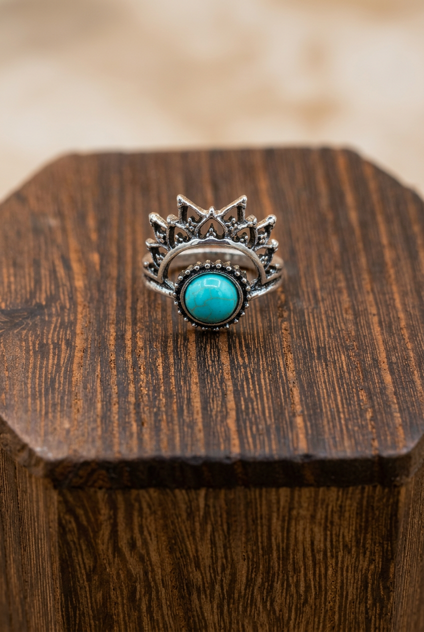Western Turquoise-Style Crown Statement Ring – Size 7.5