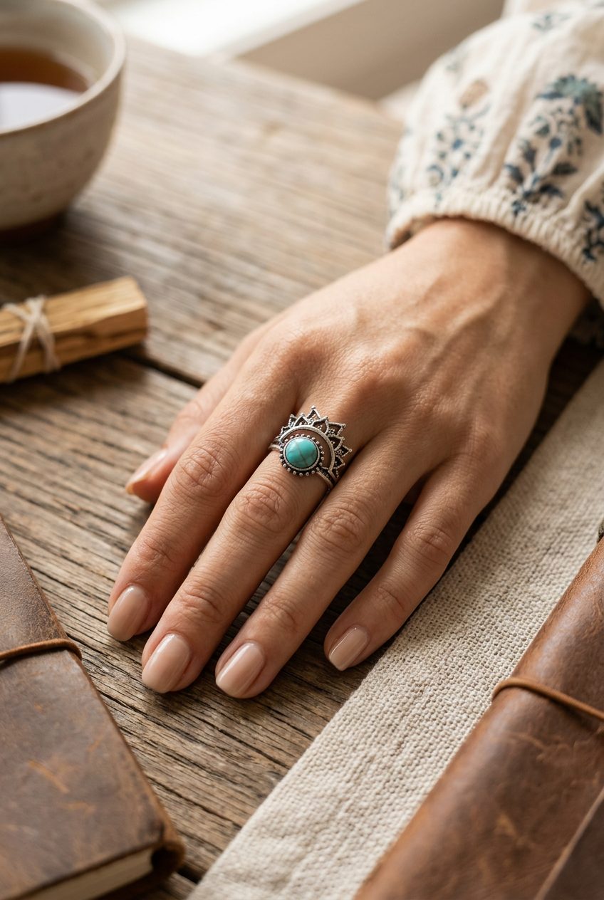 Western Turquoise-Style Crown Statement Ring – Size 7.5