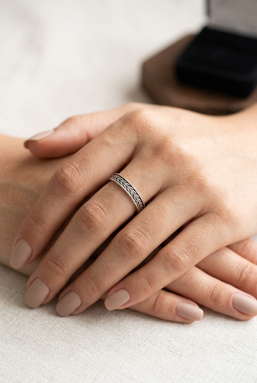 Silver-Tone Braided Band Ring – Adjustable, Size 6