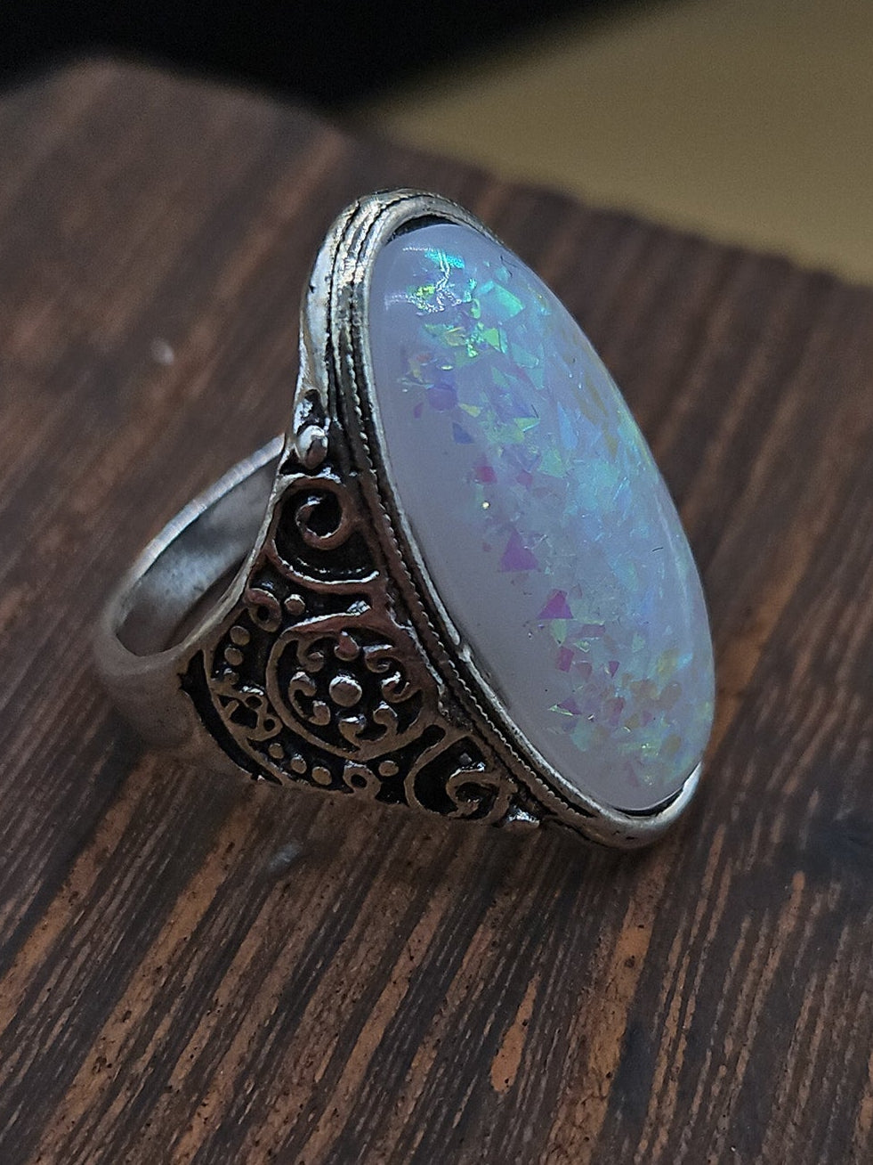Iridescent Opal Statement Ring – Size 9