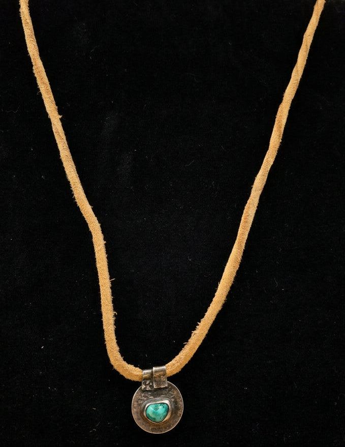 Indian Coin Pendant Necklace with Turquoise Accent on Tan Cord