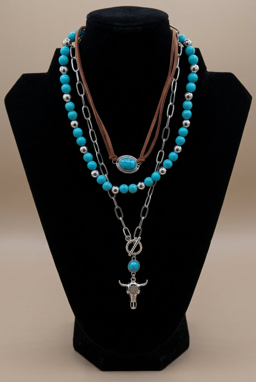 Southwestern Turquoise & Steer Skull 3-Layer Necklace Set