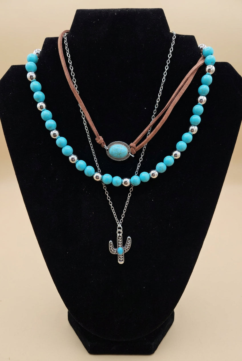 Southwestern Turquoise & Cactus Charm 3-Layer Necklace Set