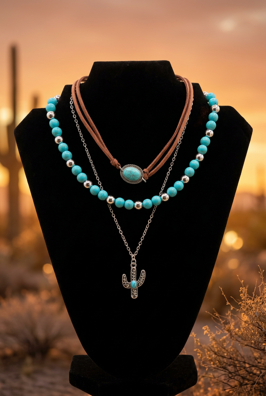 Southwestern Turquoise & Cactus Charm 3-Layer Necklace Set