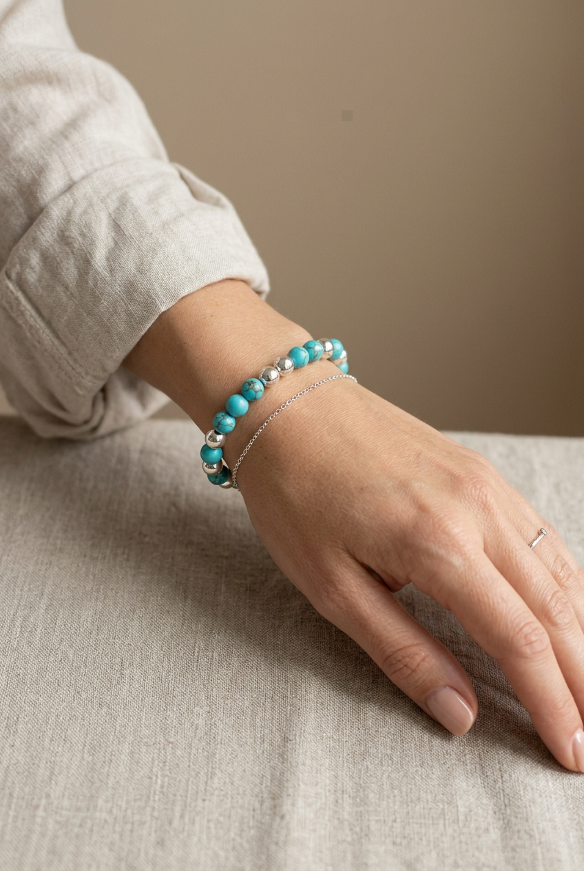 Turquoise & Silver-Tone Beaded Stretch Bracelet