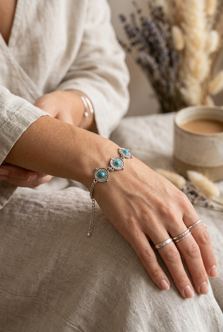 Turquoise Sunburst Western Charm Bracelet