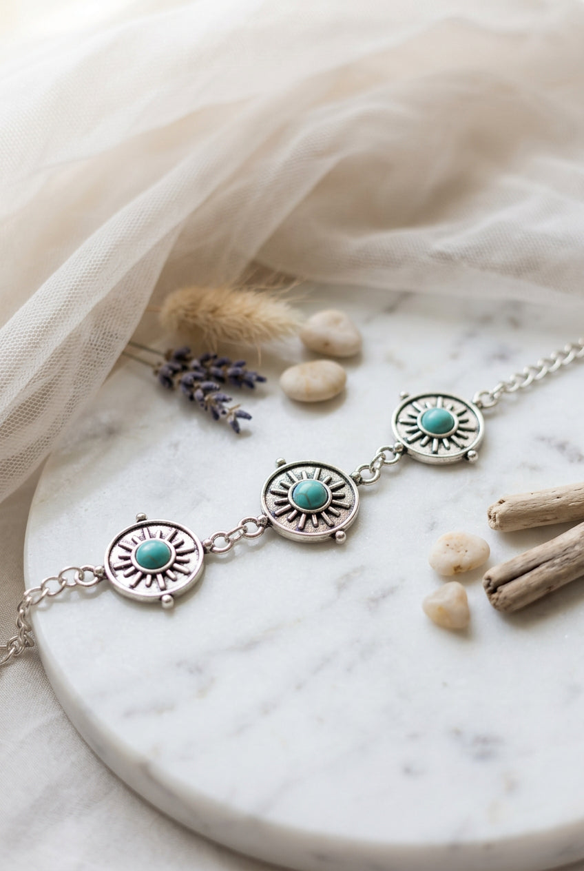 Turquoise Sunburst Western Charm Bracelet
