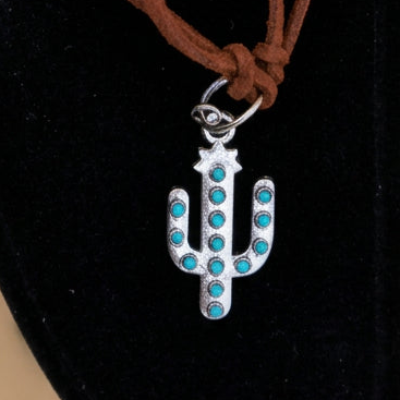 Western Brown Suede Cactus Charm Bracelet with Turquoise Accents