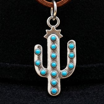 Western Brown Suede Cactus Charm Bracelet with Turquoise Accents