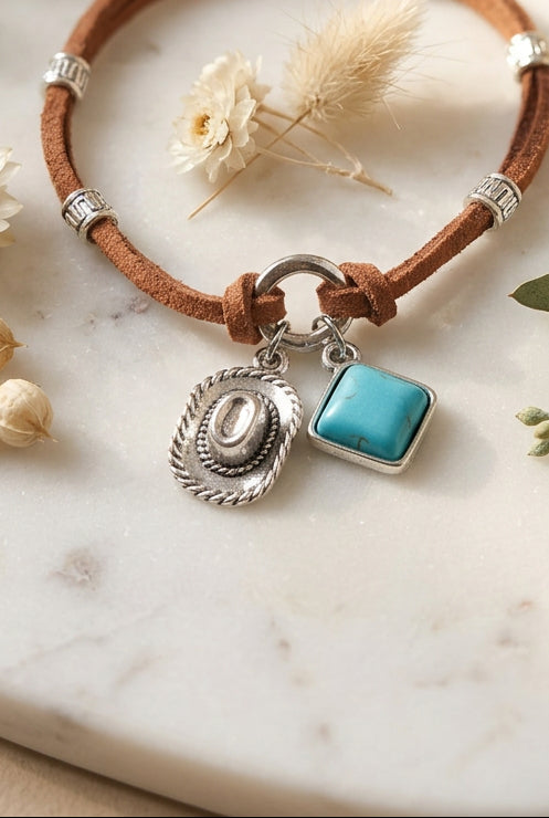 Western Cowgirl Brown Suede Bracelet with Turquoise & Cowboy Hat Charms
