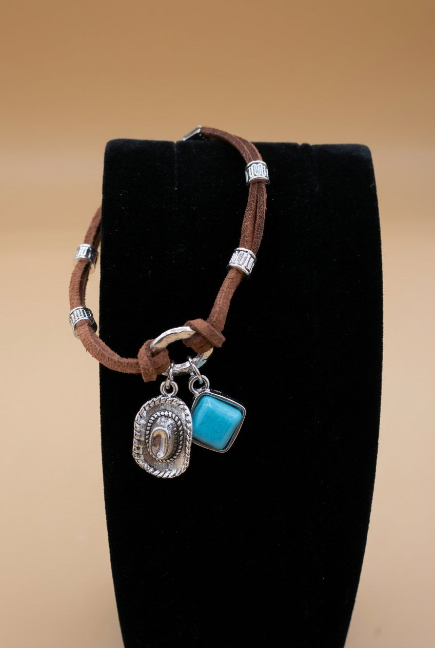 Western Cowgirl Brown Suede Bracelet with Turquoise & Cowboy Hat Charms