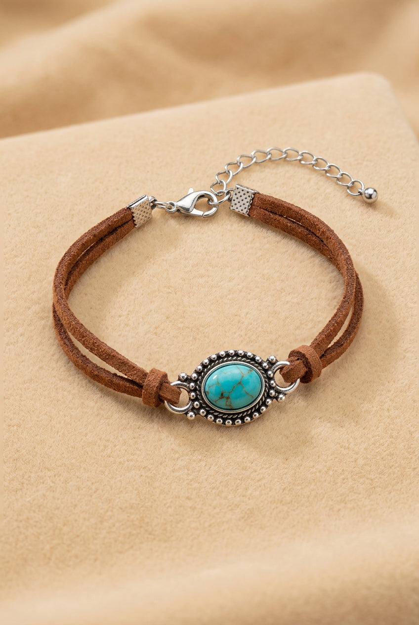 Western Boho Brown Suede Bracelet with Turquoise Oval Accent