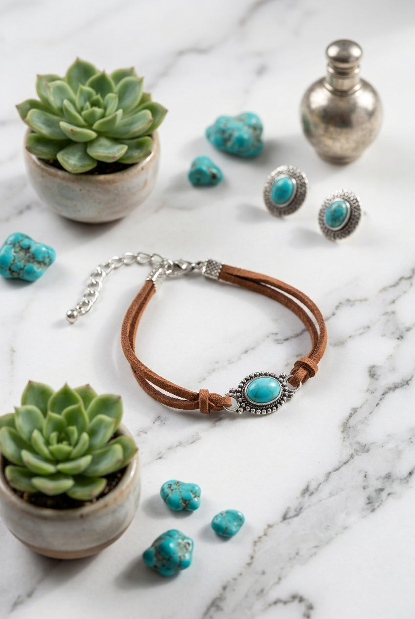 Western Boho Brown Suede Bracelet with Turquoise Oval Accent