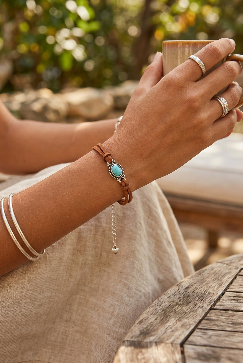 Western Boho Brown Suede Bracelet with Turquoise Oval Accent