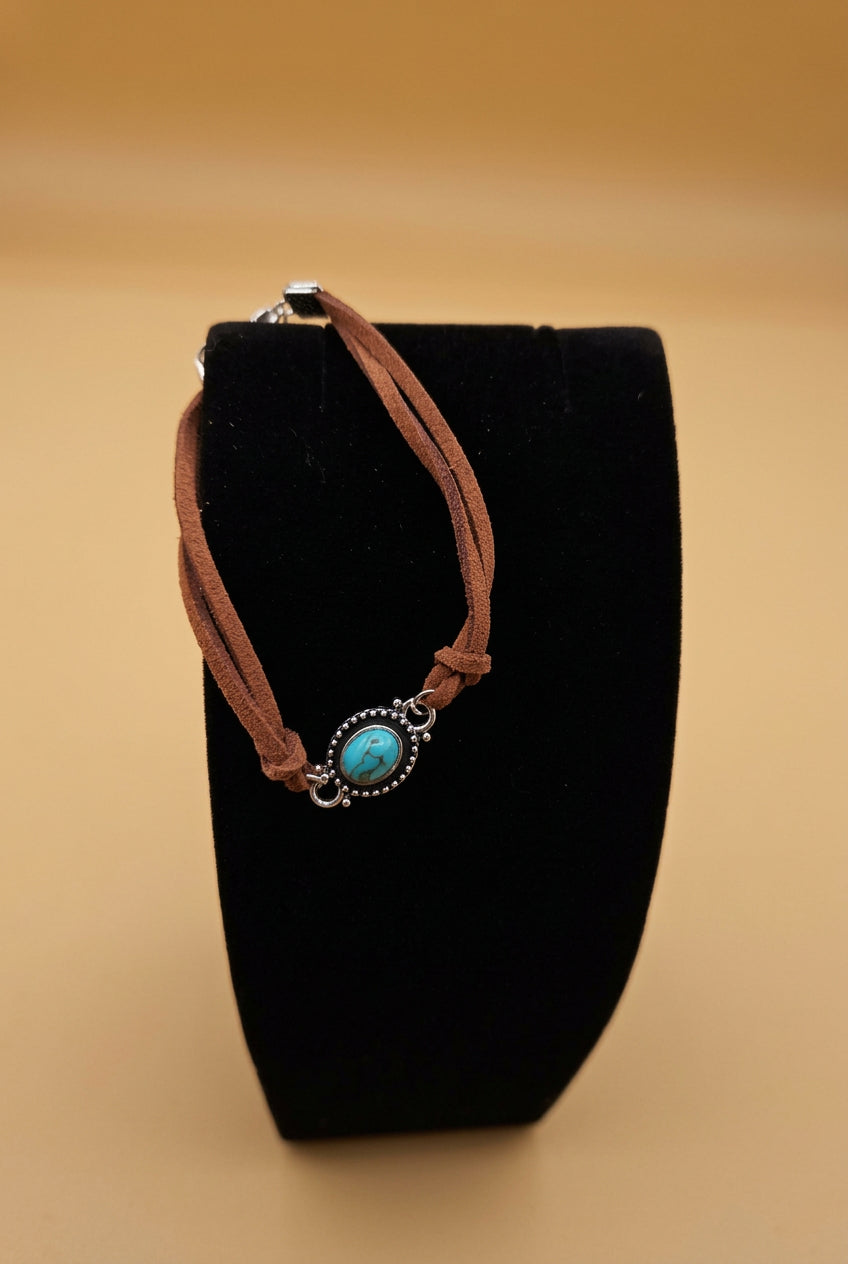 Western Boho Brown Suede Bracelet with Turquoise Oval Accent
