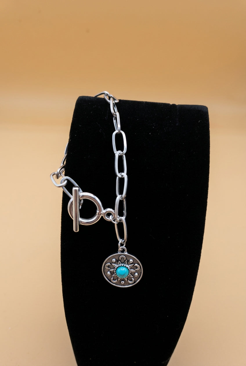 Silver-Tone Western Link Bracelet with Turquoise Medallion Charm
