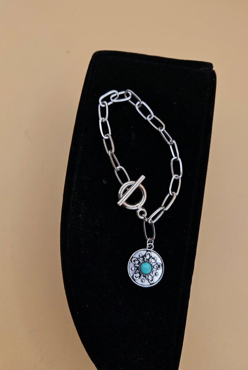 Silver-Tone Western Link Bracelet with Turquoise Medallion Charm
