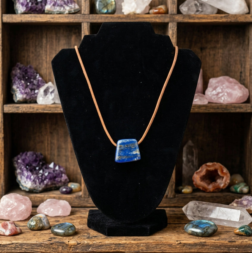 Lapis Lazuli Trapezoid Pendant Necklace on Brown Cord