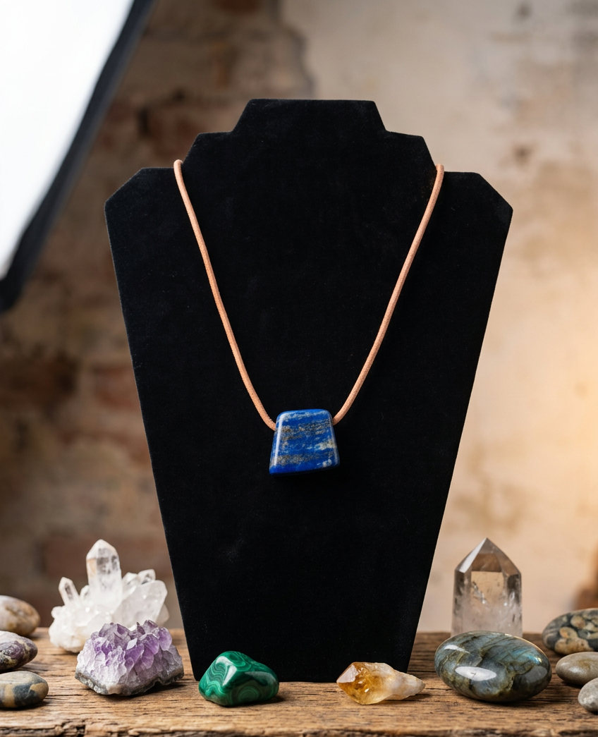 Lapis Lazuli Trapezoid Pendant Necklace on Brown Cord