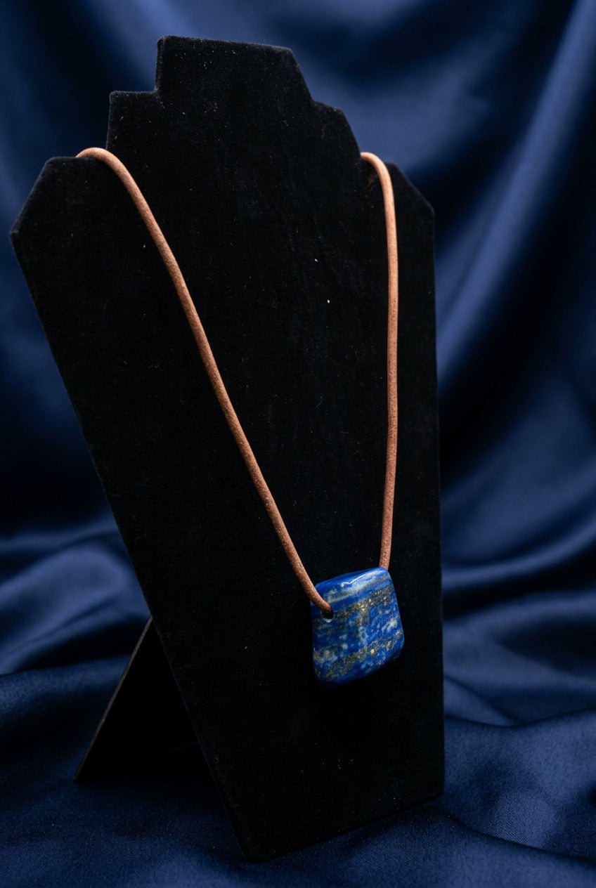 Lapis Lazuli Trapezoid Pendant Necklace on Brown Cord