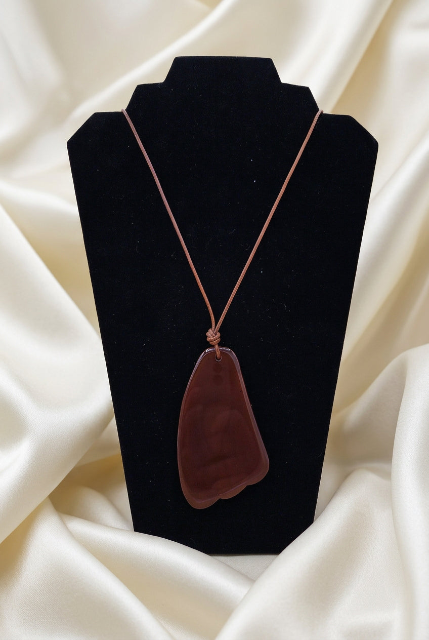 Large Carnelian Agate Statement Pendant Necklace on Chestnut Brown Cord