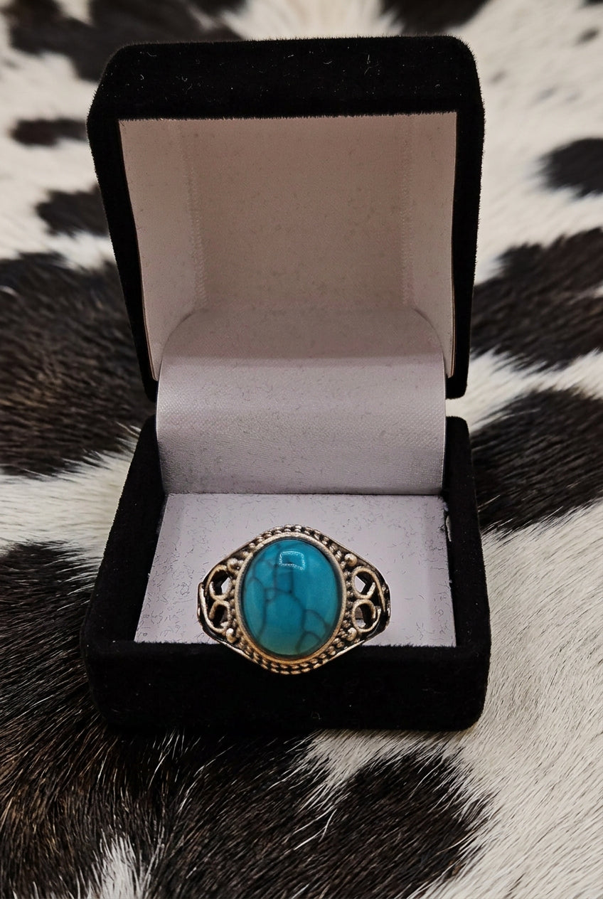 Faux Turquoise Ring with Rope-Edge Detail and Silver-Tone Band Size 8