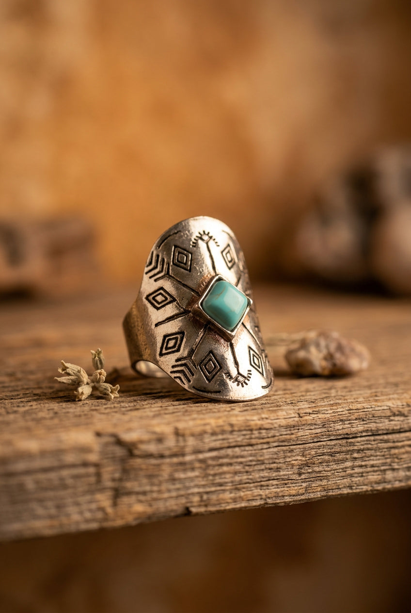 Boho Faux Turquoise Triangle Stone Ring with Arrow Accents Size 5
