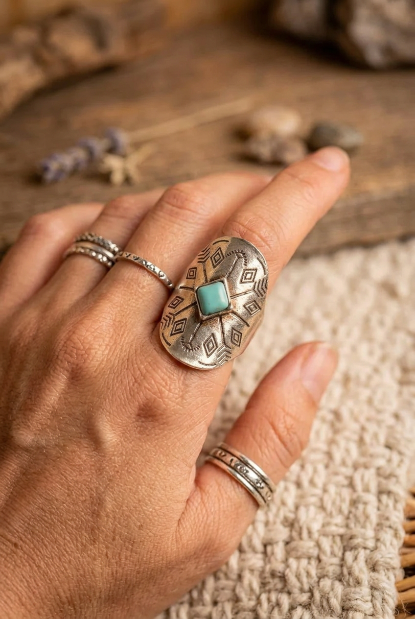 Boho Faux Turquoise Triangle Stone Ring with Arrow Accents Size 5