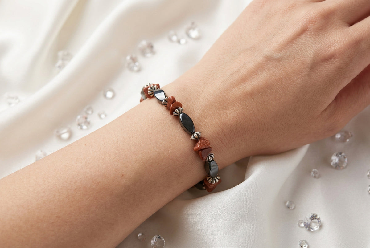Goldstone and Onyx Beaded Bracelet with Silver-Tone Floral Accents