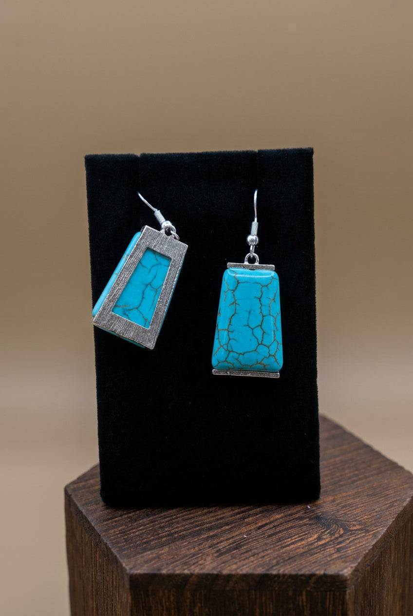 Turquoise Crackle Rectangle Drop Earrings