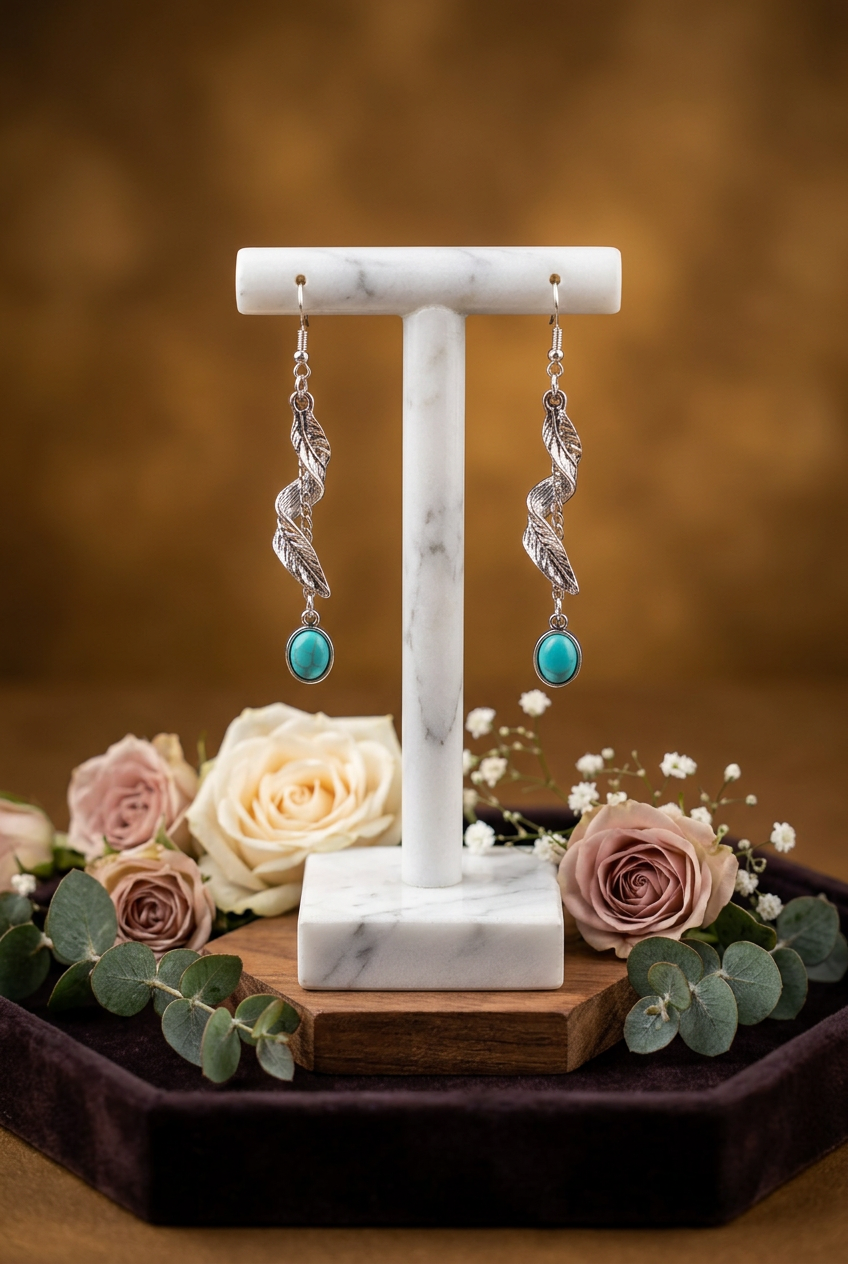 Turquoise & Twisted Leaf Dangle Earrings