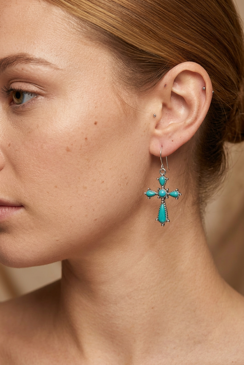 Turquoise Western Cross Dangle Earrings
