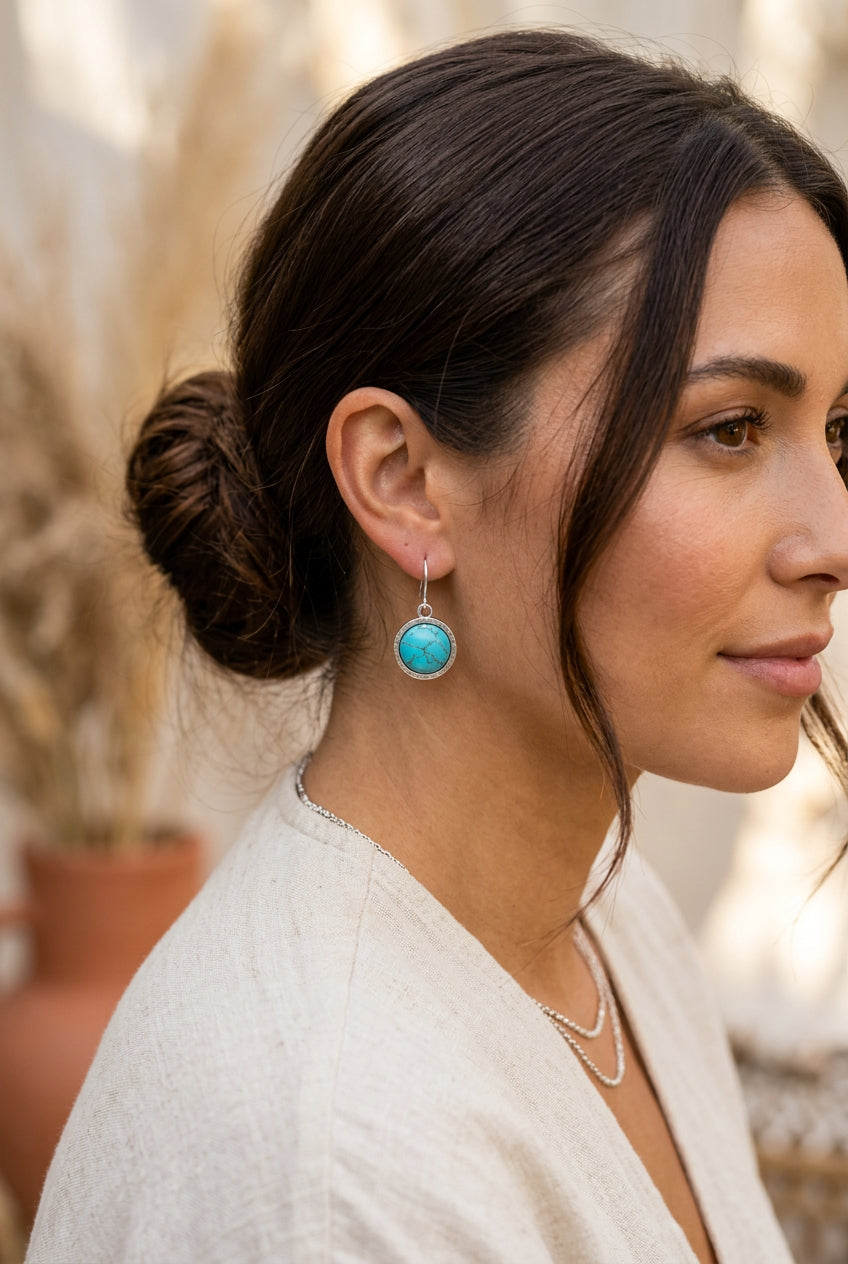 Turquoise Round Stone Dangle Earrings