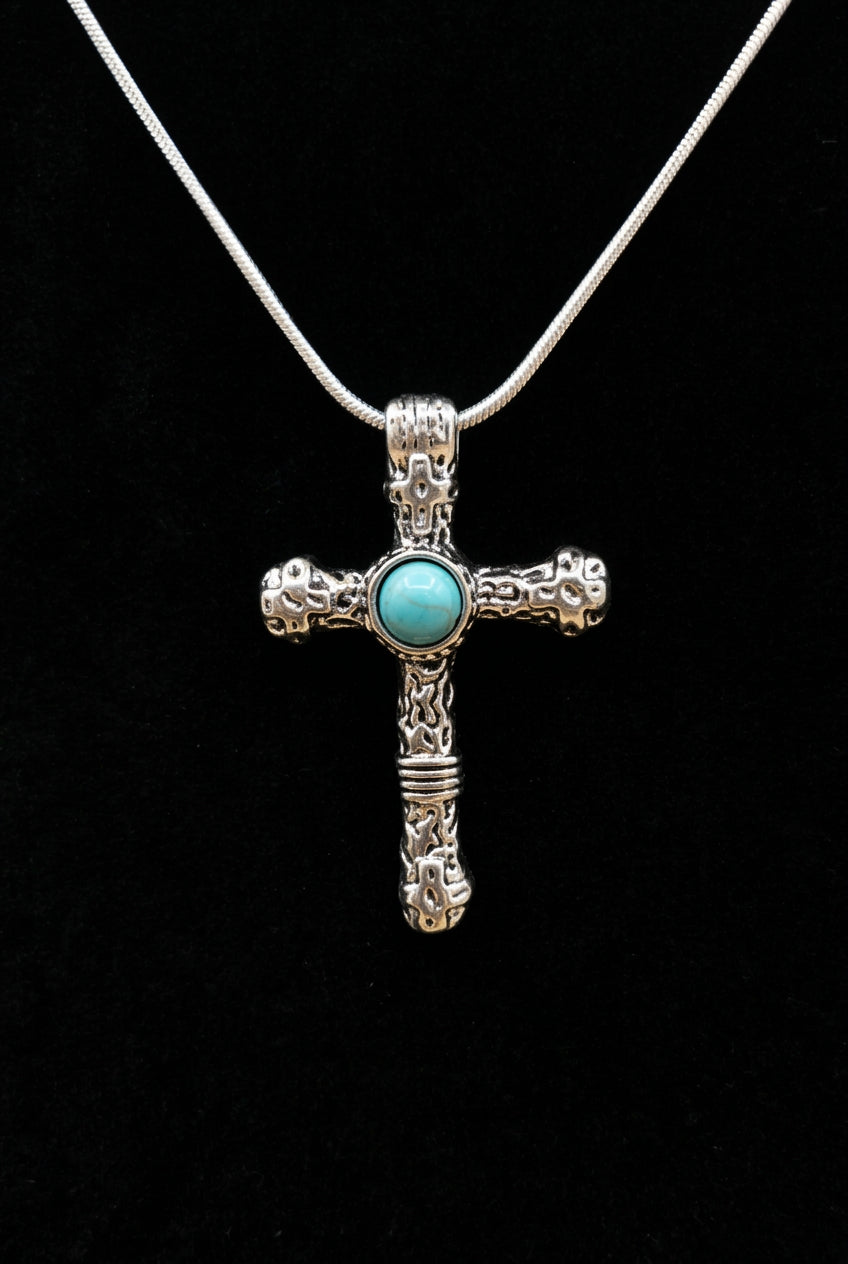 Beautiful Textured Cross Necklace with Turquoise-Color Center Stone