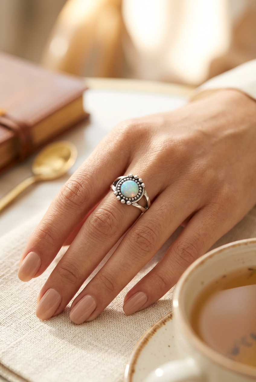 Opal-Style Round Stone Ring Size 7.5