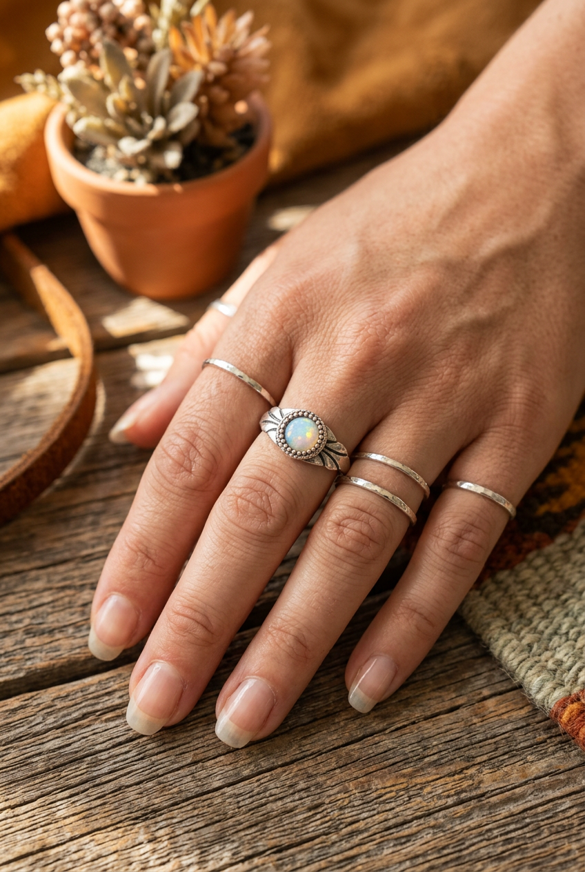 Round Opal-Style Ring with Southwestern Silver-Tone Details – Size 7