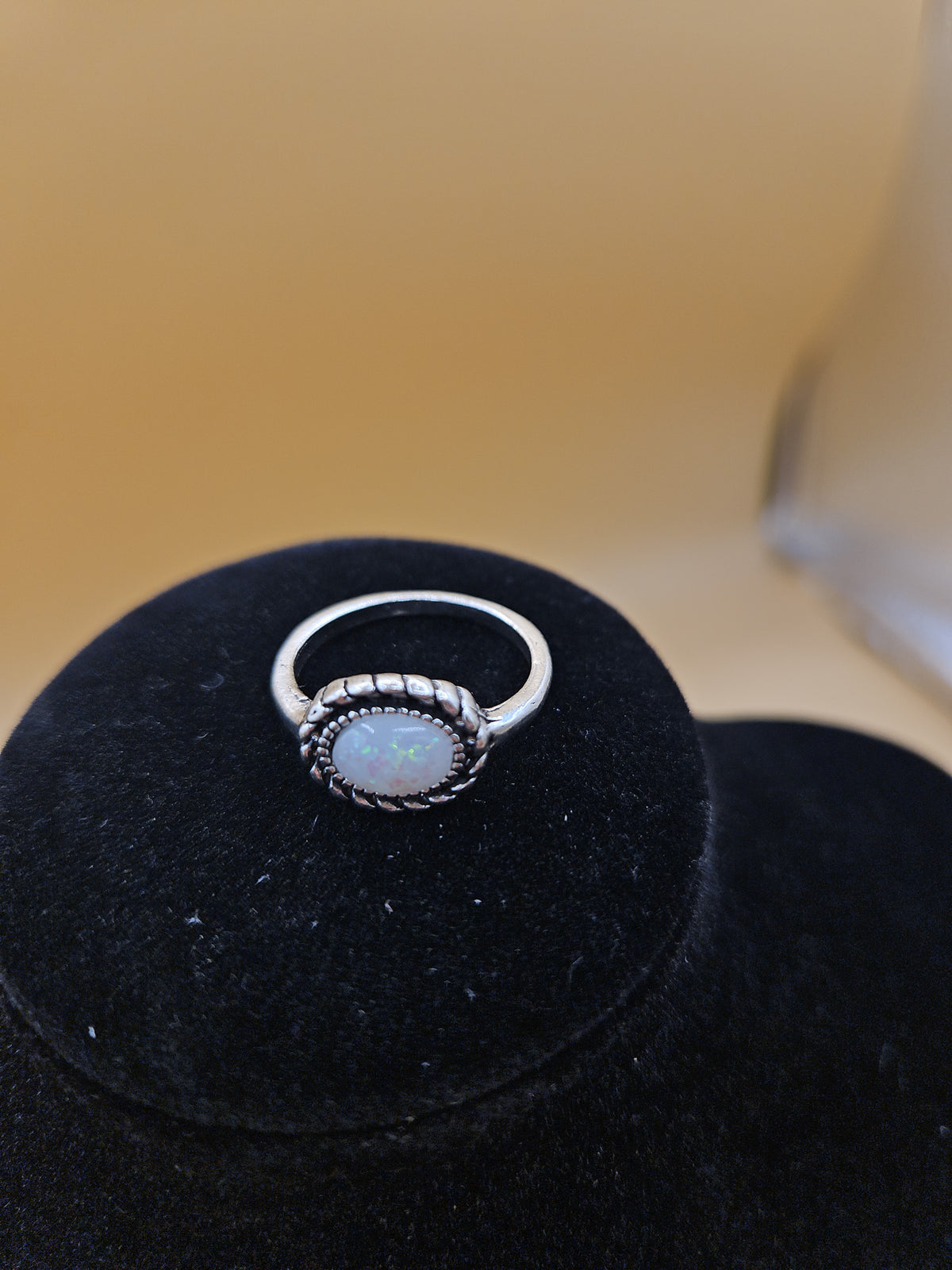 Oval Opal-Style Ring with Beaded Silver-Tone Setting – Size 7.5