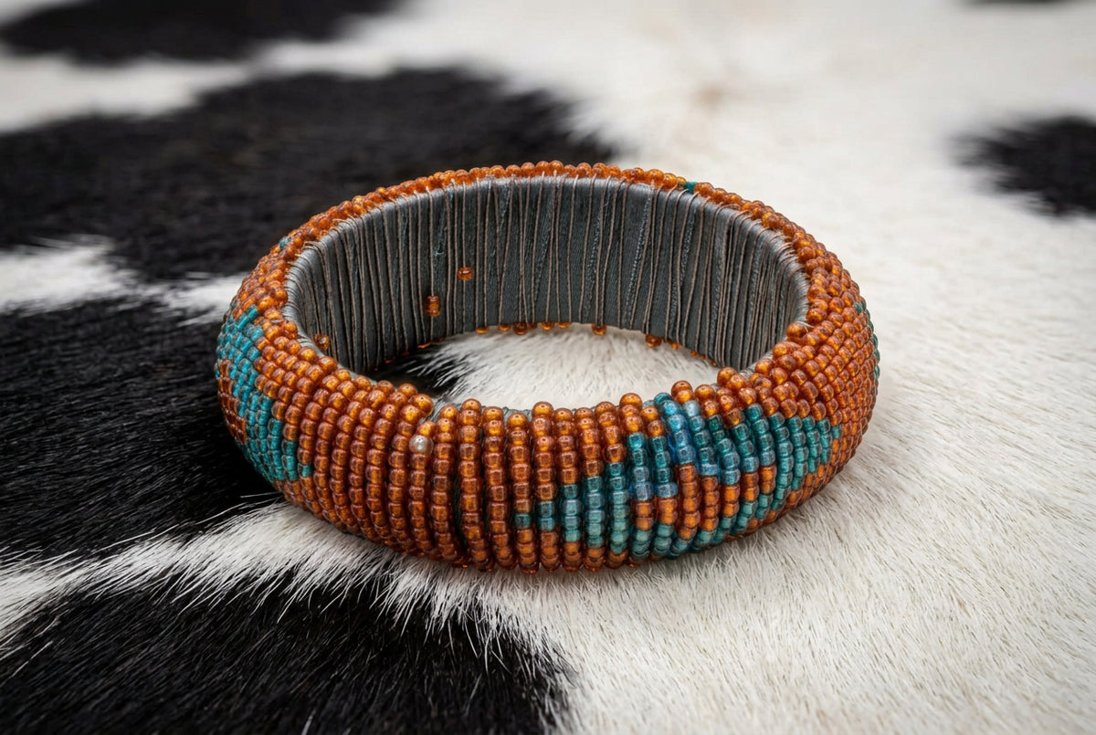 Burnt Orange and Turquoise Blue Beaded Wide Bracelet