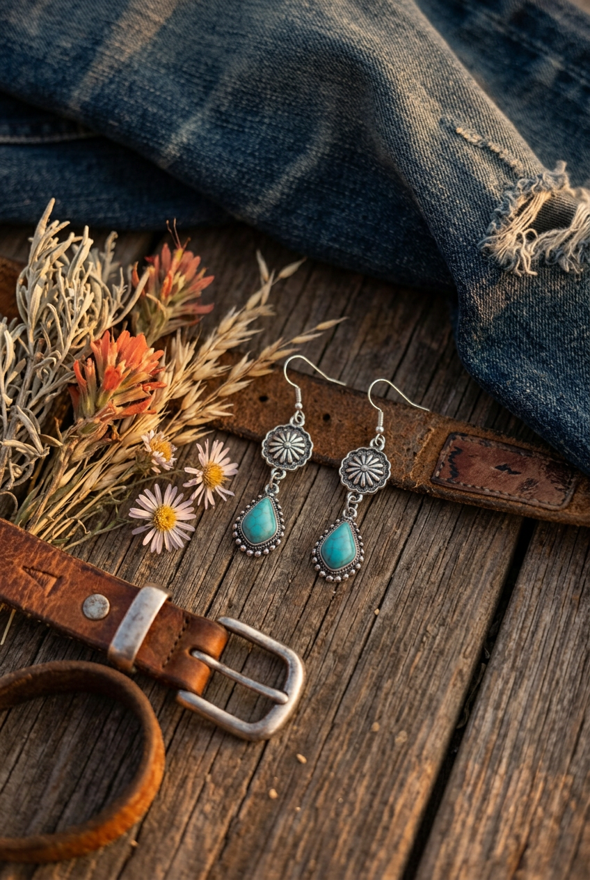 Turquoise Teardrop Dangle Earrings with Southwestern Floral Details
