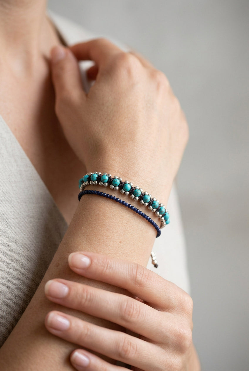Western Turquoise & Brass Beaded Braided Bracelet