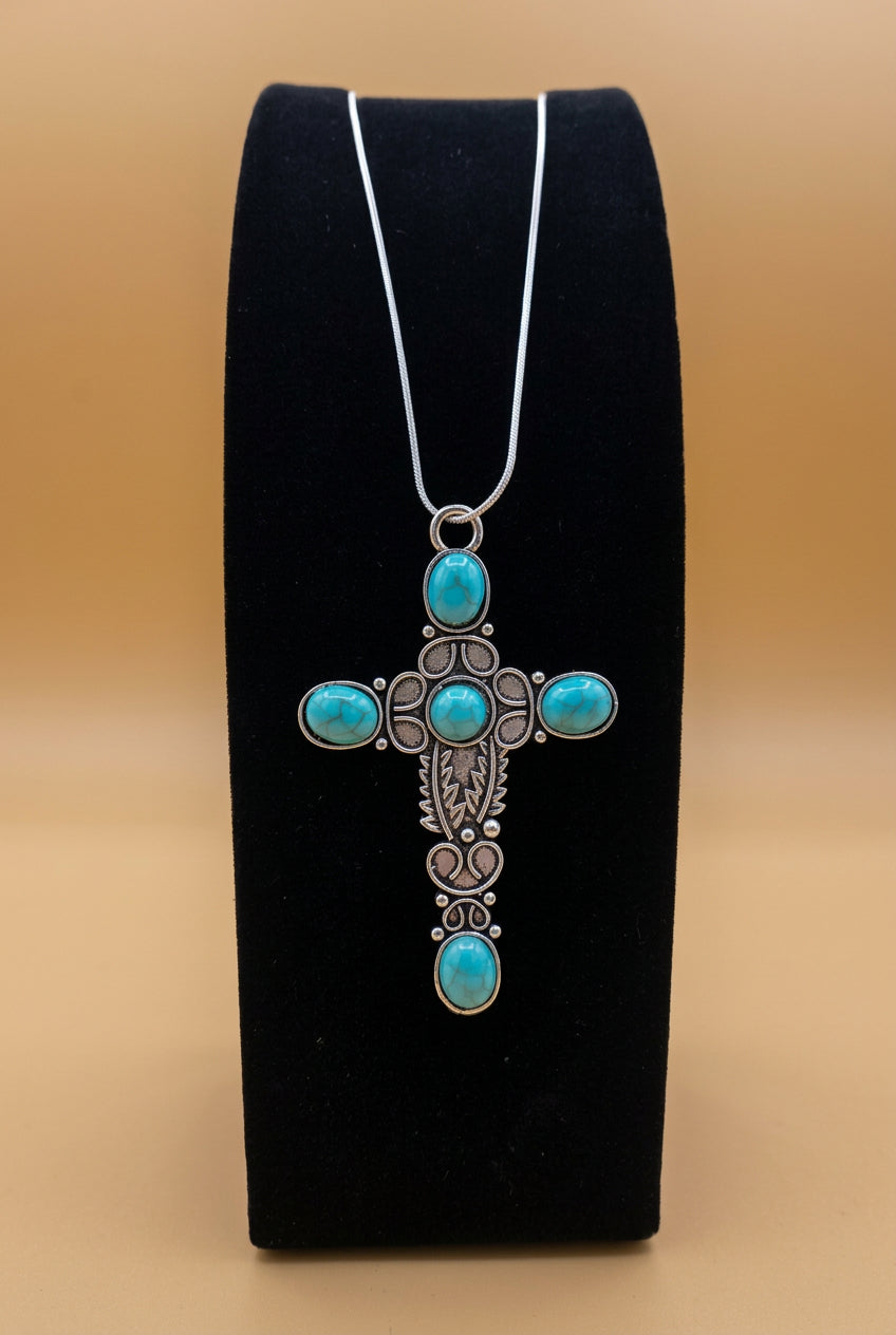 Five-Stone Turquoise Cross Necklace with Silver Scrollwork