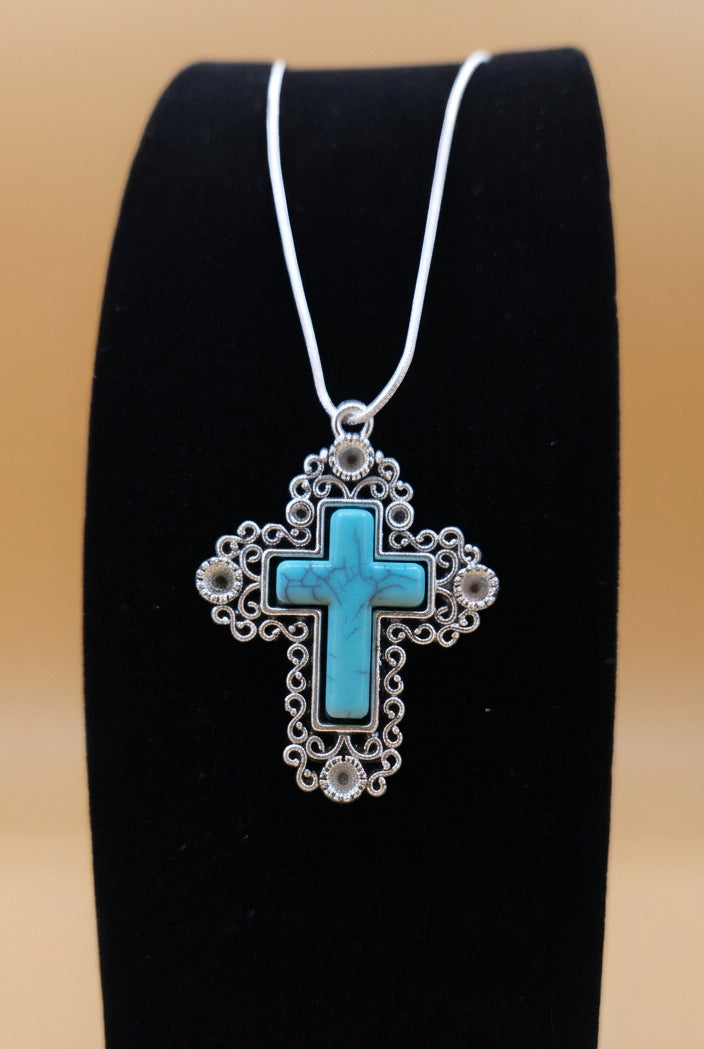 Turquoise Cross Pendant Necklace with Ornate Filigree