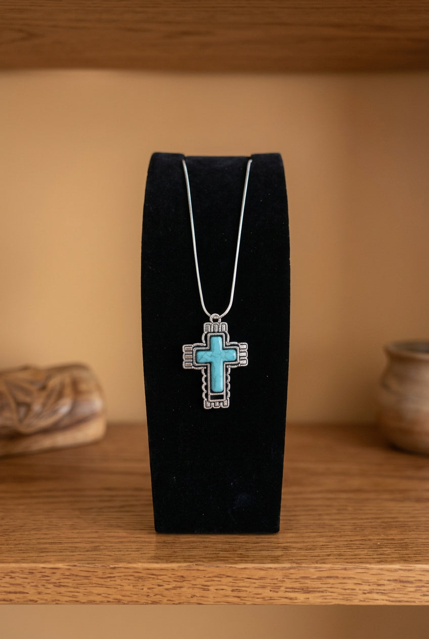 Turquoise Cross Necklace with Geometric Silver-Tone Frame