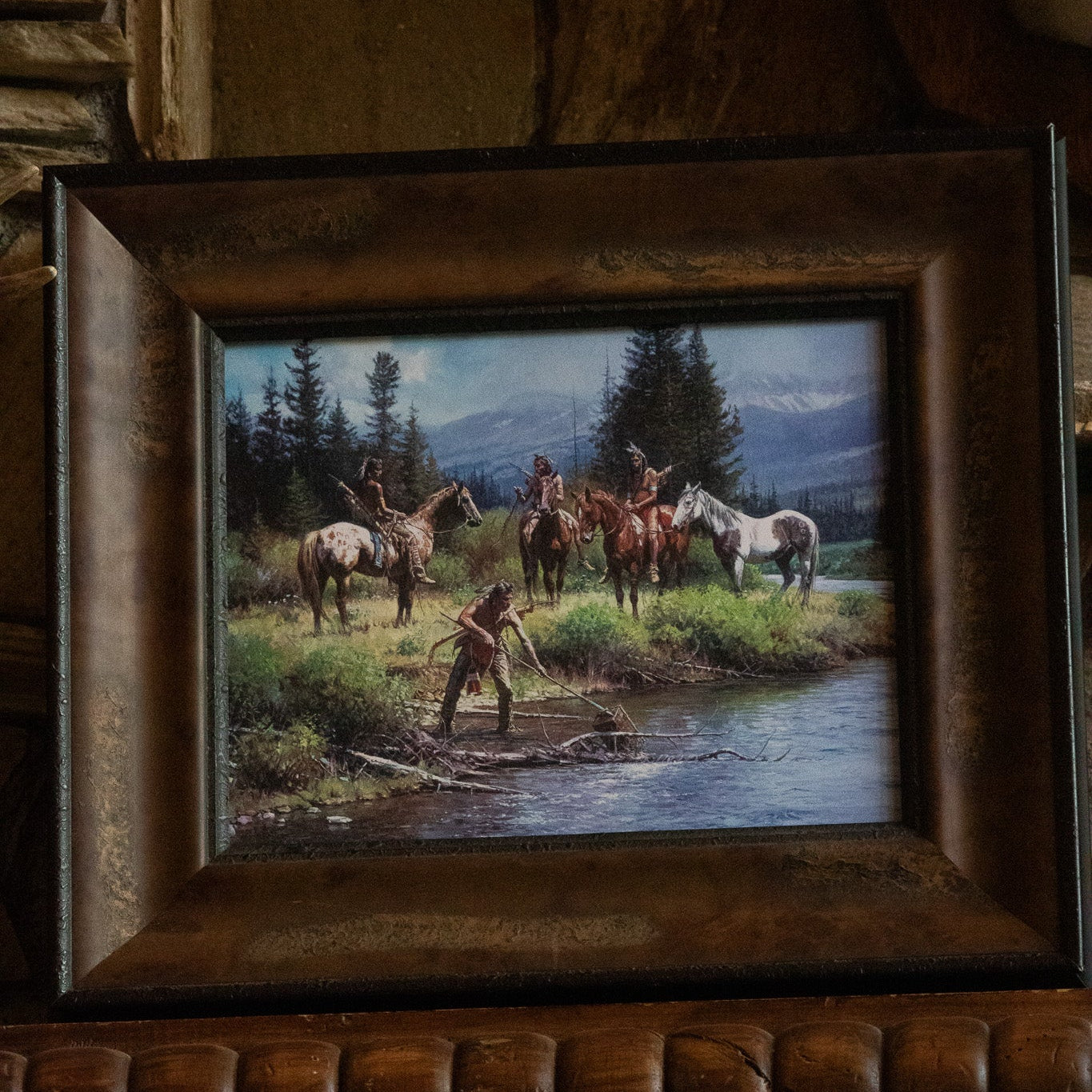 Canvas Transfer Lonestar Print of Indians and Horses at the River