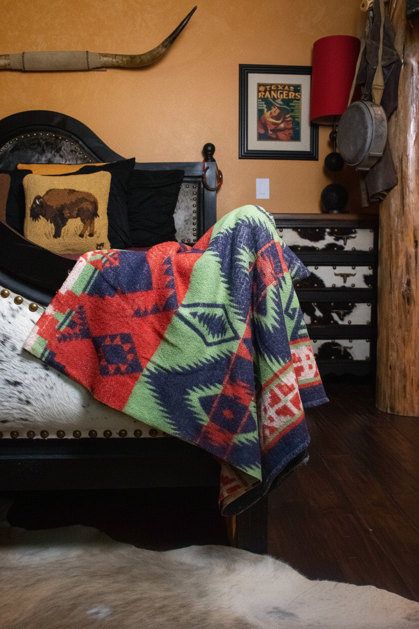 Vintage Southwestern Aztec Woven Throw Blanket 7ft x 6ft