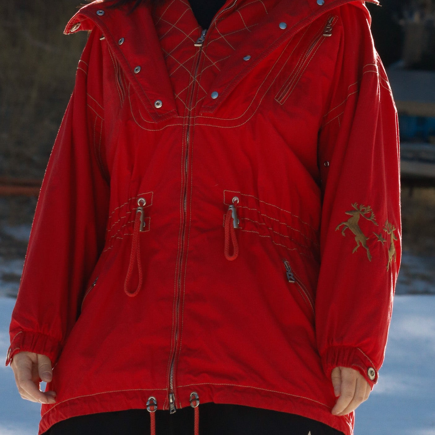 90’s Red with Gold Reindeer Embroidery Bogner Hooded jacket