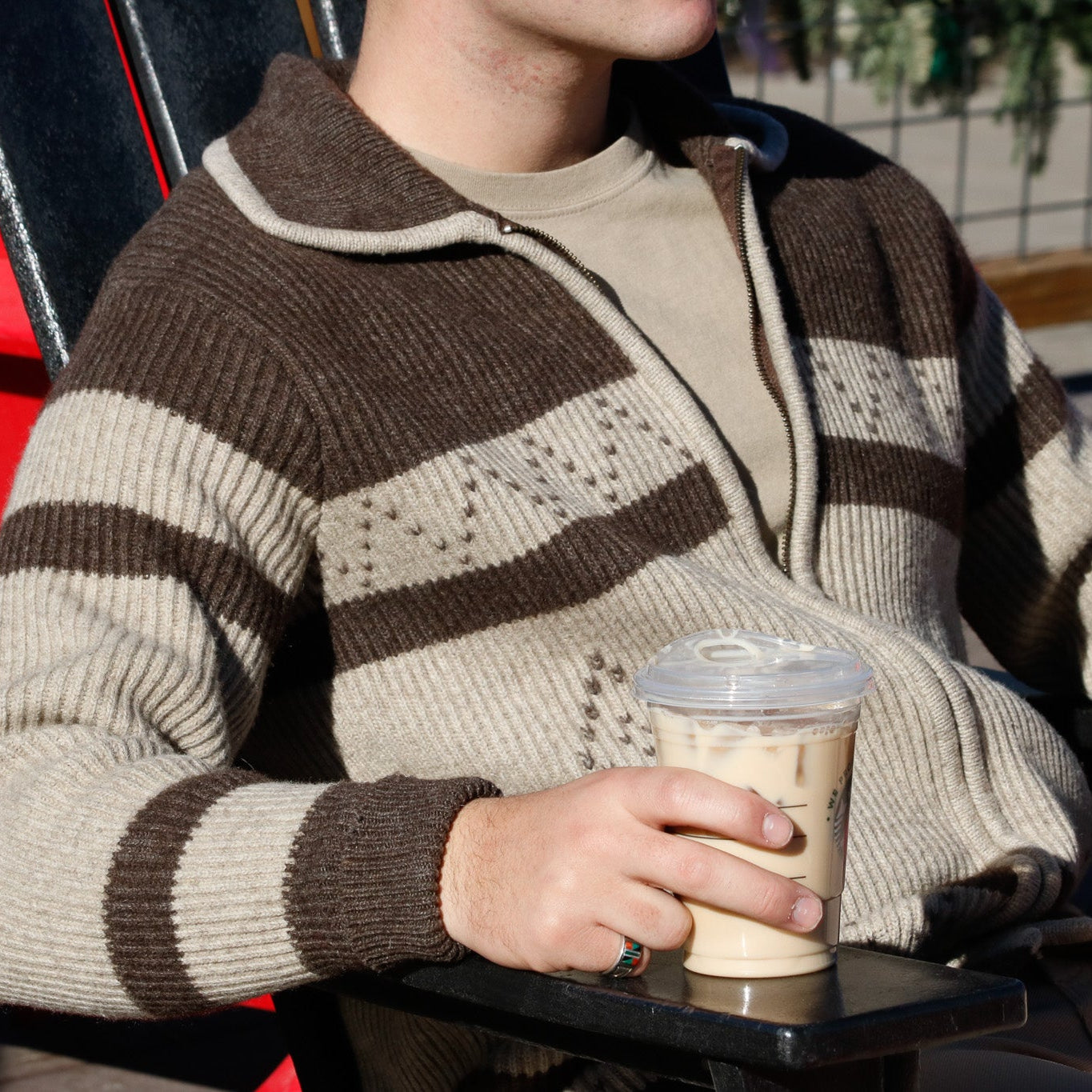 XIMAXIONGMAO Dark Brown & Tan Cable Knit Diamond Design Sweater