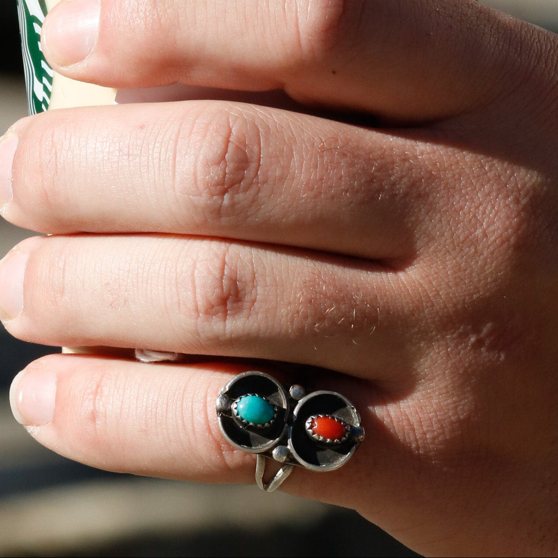 Turquoise and Coral Gemstones embedded in Sterling Silver Boarders Size 8