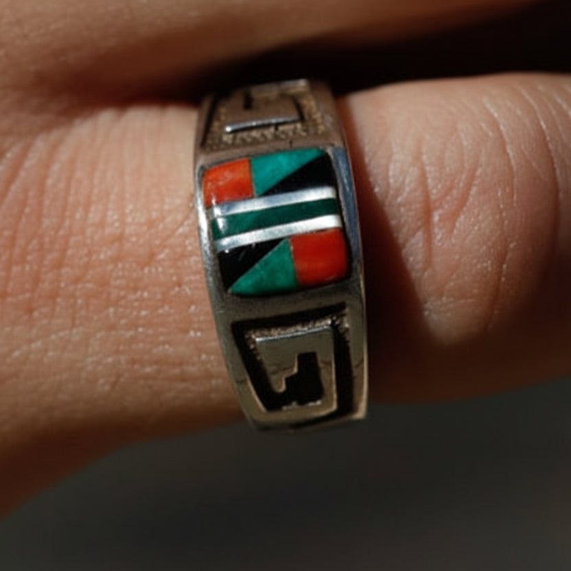 Vintage Navajo Zuni Sterling Silver and Multi-Gemstones Inlayed Ring size 8.5