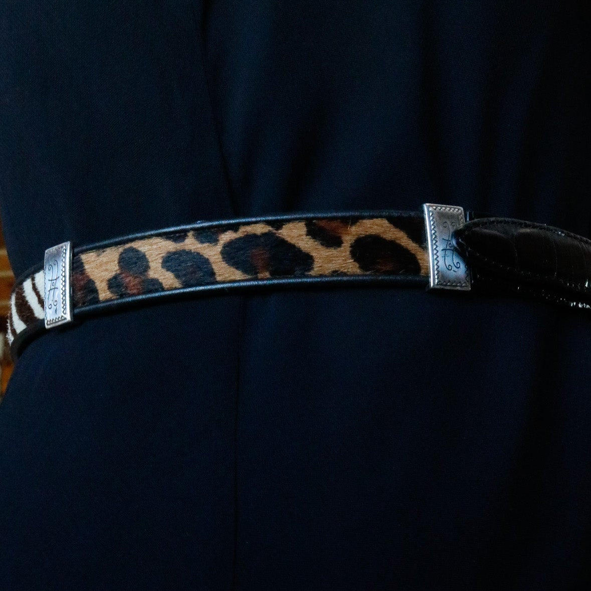 Brighton Black & Brown Leather with Faux-Fur and Silver Buckles Vintage-style Belt